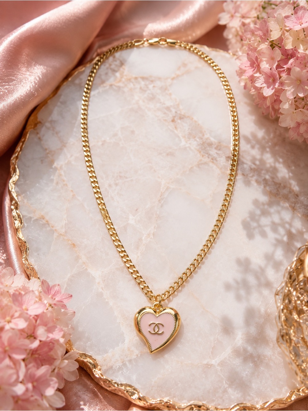Hand-Assembled 18K Gold-Filled Pink Heart Pendant Curb Chain Necklace | 16” - Picture 4 of 5